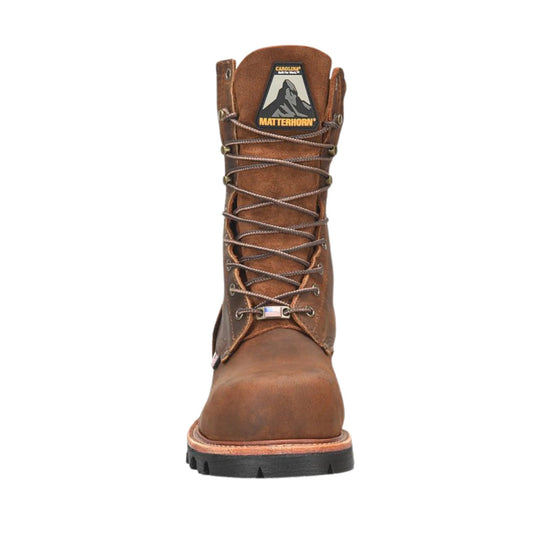 Brown leather lace-up logger work boot with a black lug sole and visible Carolina Matterhorn label.