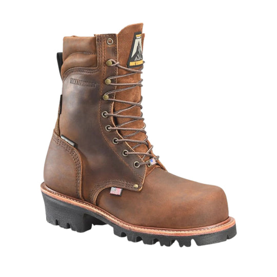 Brown leather lace-up logger work boot with thick lug sole and padded collar