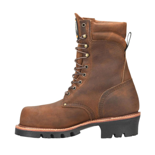 Brown leather lace-up work boot with black lug sole and pull tab