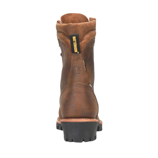 Brown leather work boot shown from the back with a black lug sole and visible MATERNBORN and INSULATED tags