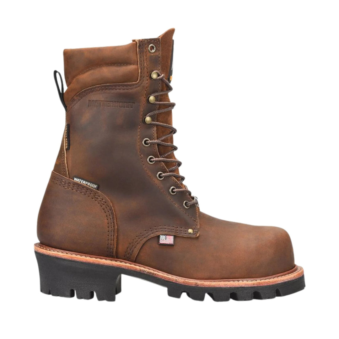 Brown leather lace-up work boot with a waterproof tag, steel shank, and thick black lug sole