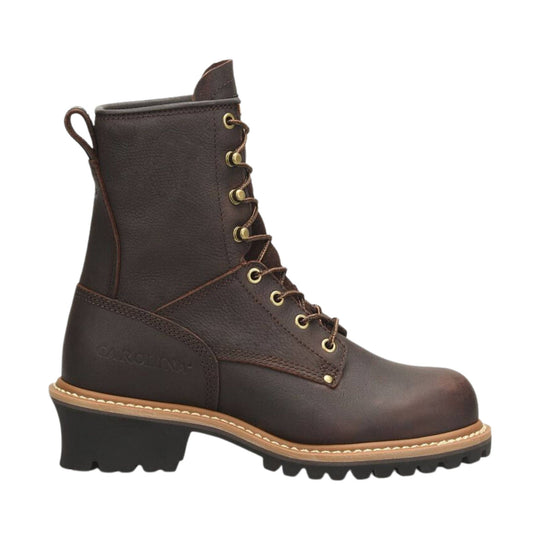 Brown leather boot with gold laces on a white background