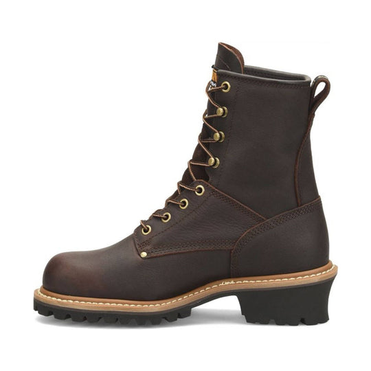 Brown leather boot with gold laces on a white background
