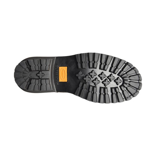 Close-up of a black boot sole with tread pattern on a white background