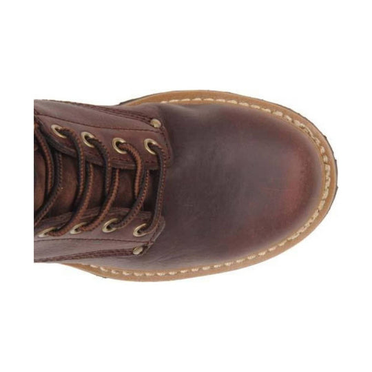 Brown leather boot with laces on a white background