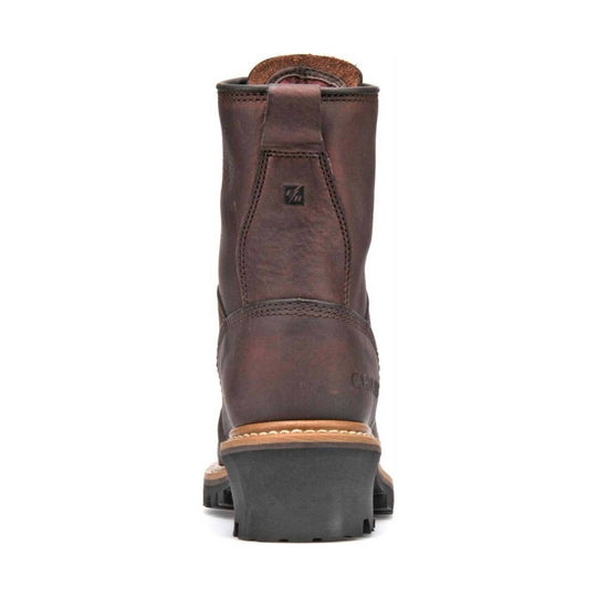 Brown leather boot with black sole on a white background