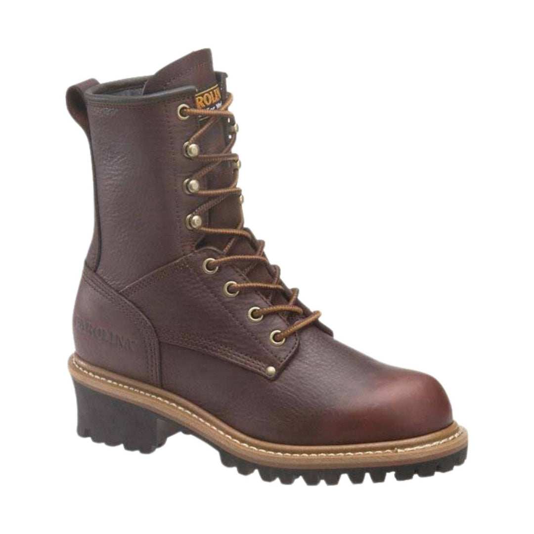 Brown leather boot with laces on a white background