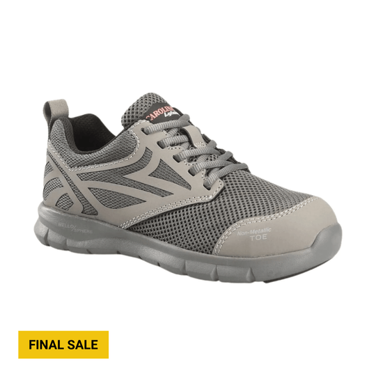 Gray mesh athletic work shoe with laces, reinforced toe cap, and side overlays