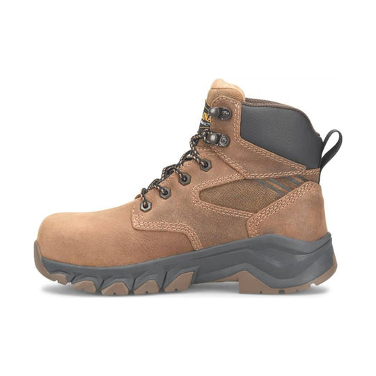 Brown work boot with black sole on a white background