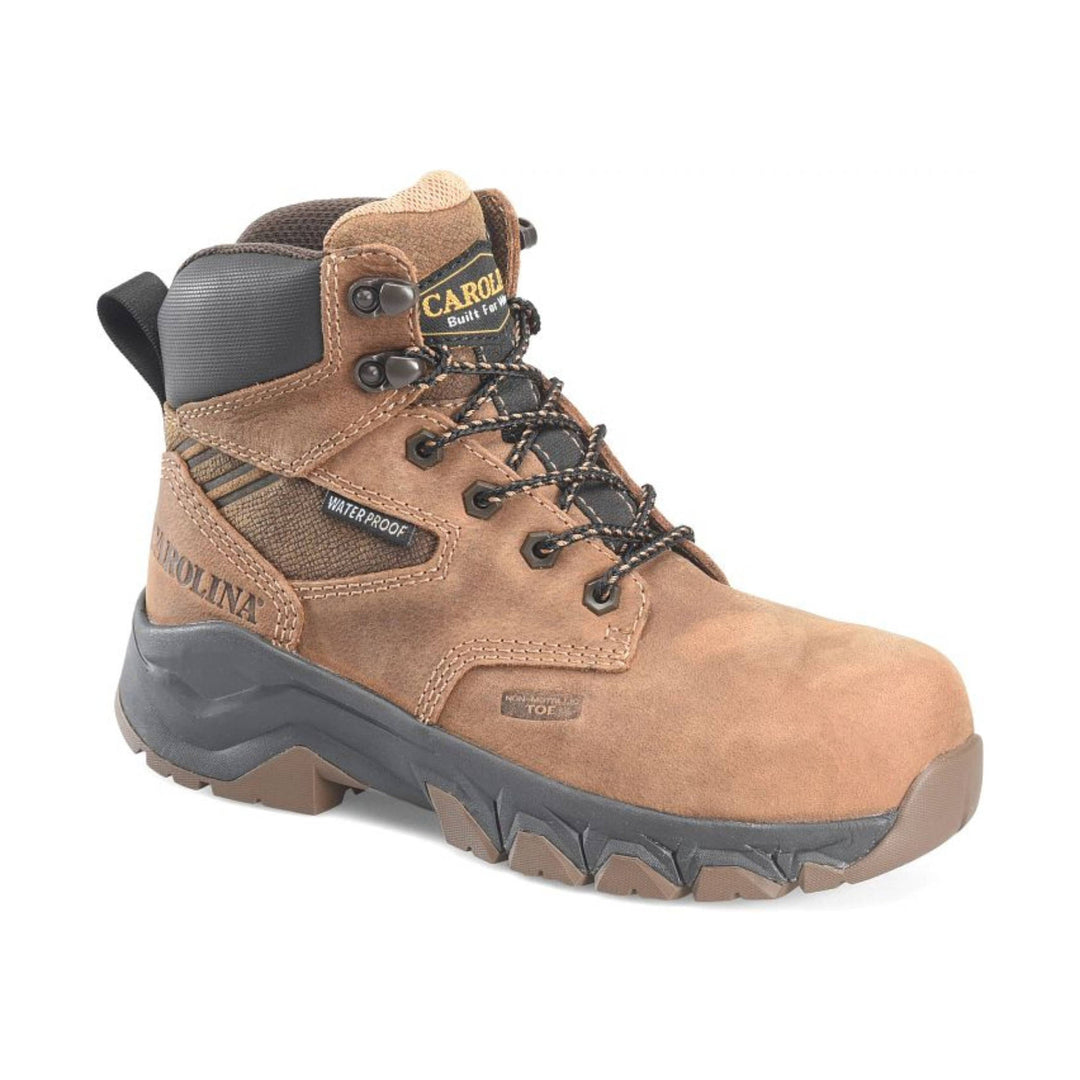 Brown hiking boot with visible brand logo on a white background
