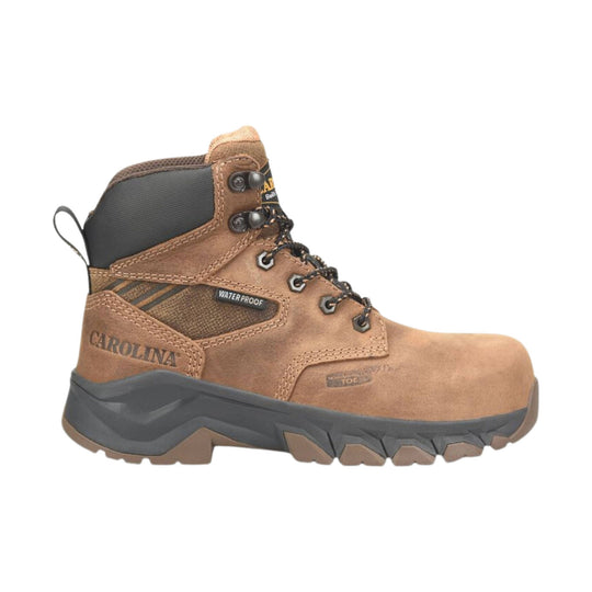 Brown hiking boot with black sole on a white background