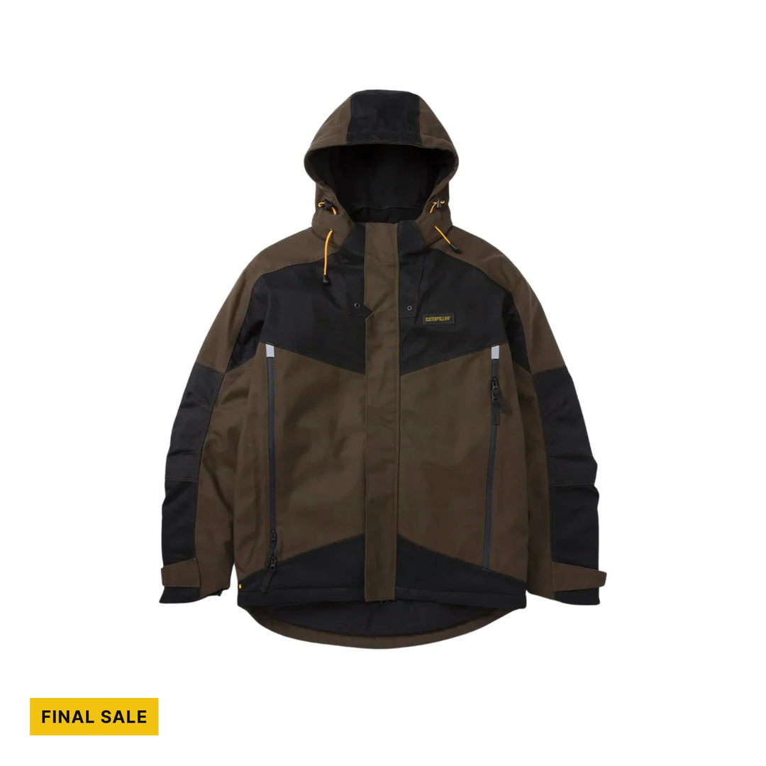 Brown and black hooded jacket with front zippers and a FINAL SALE label