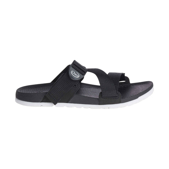 Black slip-on sandal with wide crisscross straps and white sole