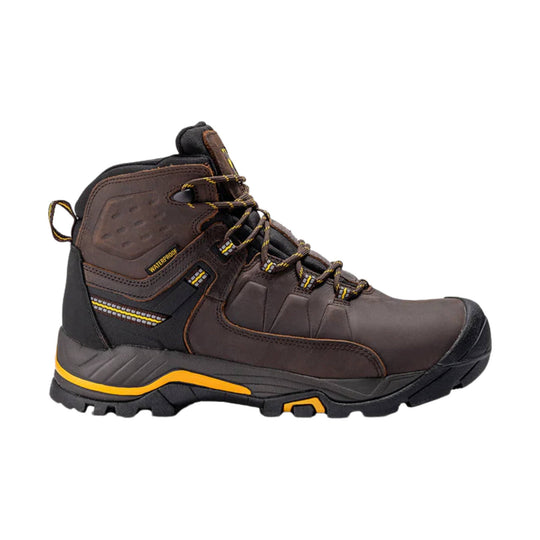 Brown and black waterproof hiking work boot with yellow accents and treaded sole, side view