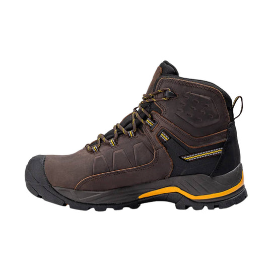 Brown and black leather hiking work boot with yellow accents, lace-up front, and rugged tread