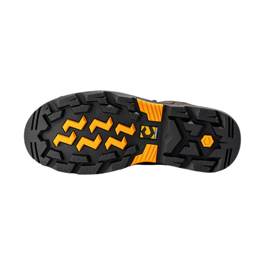 Black hiking boot outsole with orange traction lugs and rugged tread pattern