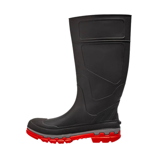Black tall rubber work boot with a red treaded sole, side panel details, and rounded toe