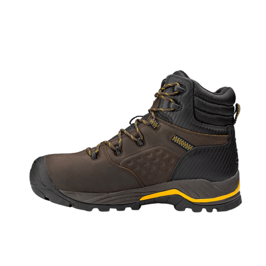 Brown and black waterproof work boot with yellow accent laces and a lugged sole, side view
