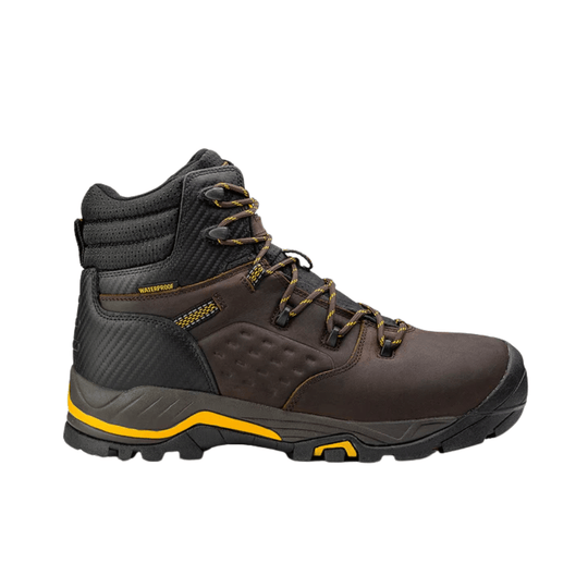 Brown and black waterproof lace-up work boot with yellow accents and a rugged treaded sole