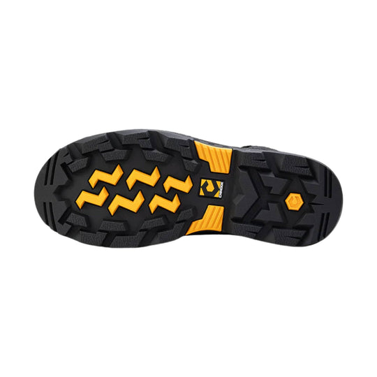 Black rugged boot outsole with yellow traction inserts and deep tread pattern