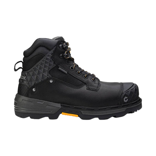 Black waterproof work boot with padded collar, yellow lace accents, and rugged tread.