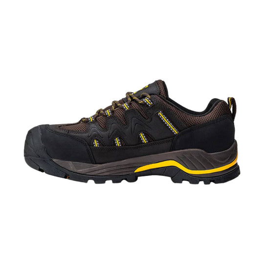 Black and yellow hiking shoe on a white background