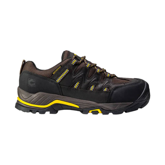 Black and brown hiking shoe with yellow accents on a white background