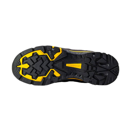 Black and yellow sole of a shoe on a white background