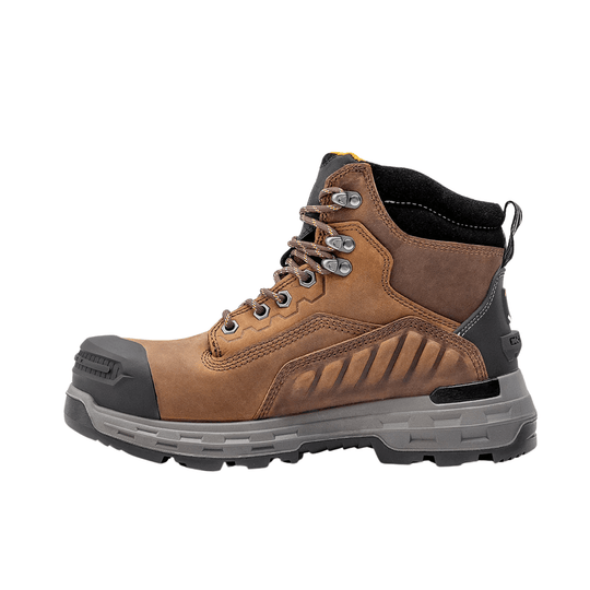 Brown and black lace-up work boot with a gray lug sole and reinforced toe cap