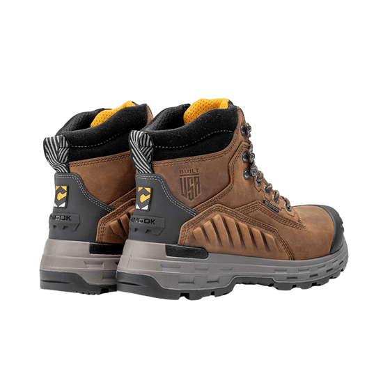 Brown leather waterproof work boots with black padded collars and gray lug soles, shown from the back and side.