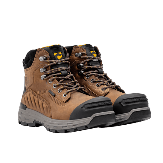 Brown and black leather work boots with yellow logos and lug soles, shown pair together