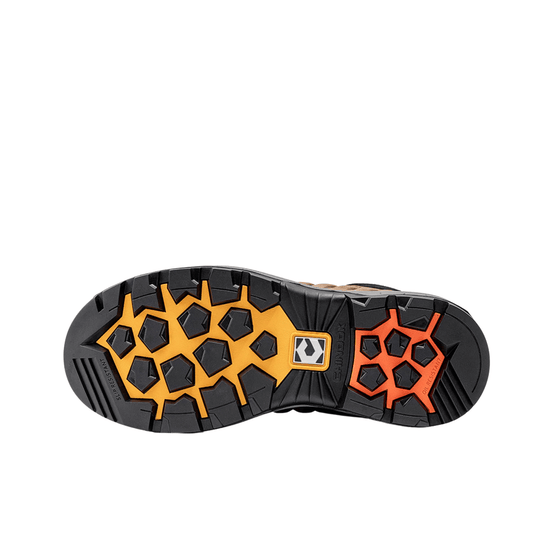 Black boot outsole with yellow and orange traction lugs and molded grip pattern
