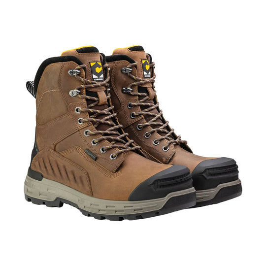 Brown lace-up work boots with black toe caps and lug soles