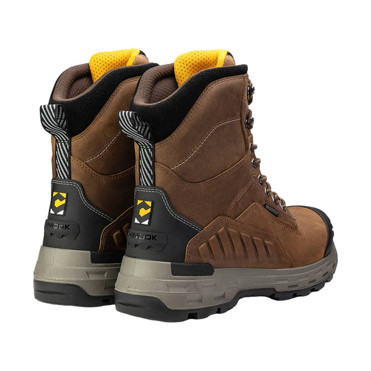 Brown waterproof work boots shown from the back and side, with black heel panels, gray soles, and yellow collar lining.