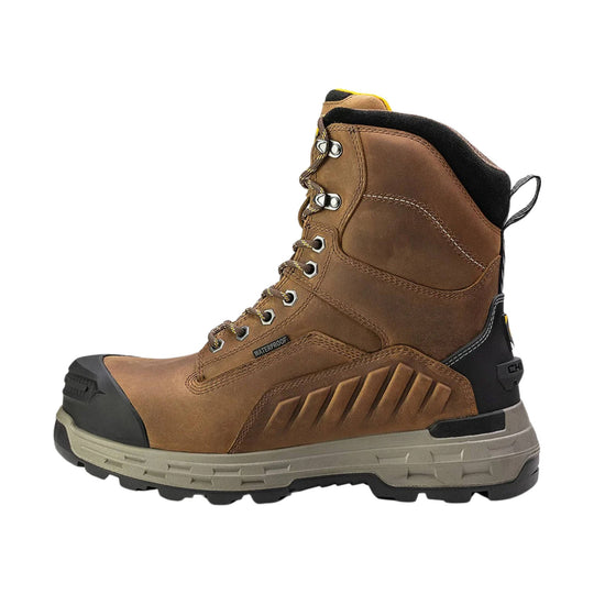 Brown waterproof lace-up work boot with black toe cap, rugged tread, and side ankle support