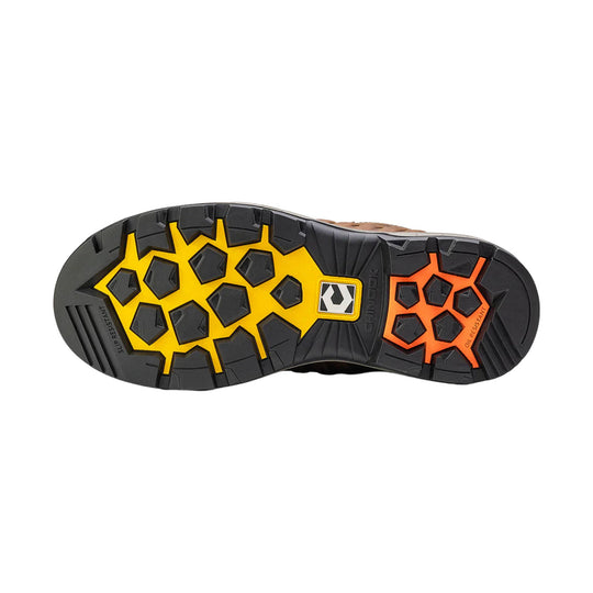 Boot sole with black tread, yellow and orange traction inserts, and visible slip-resistant and oil-resistant markings