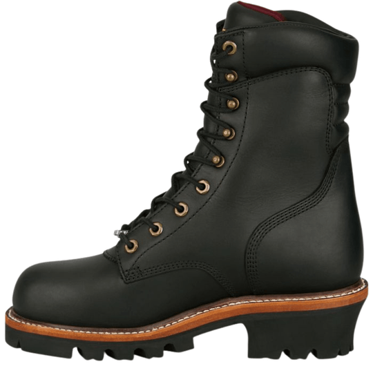 Black lace-up work boot with gold eyelets, tan welt stitching, and a rugged treaded sole