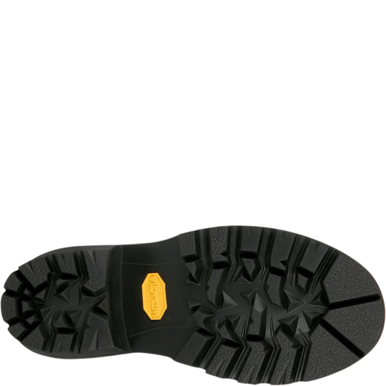 Black lugged boot outsole with yellow Lugz logo insert