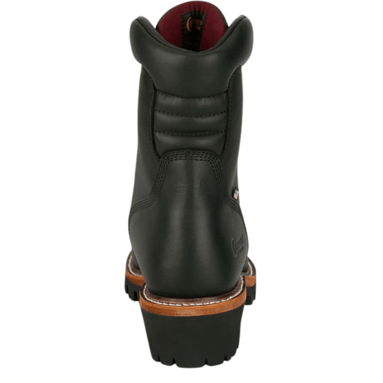 Black pull-on work boot with cushioned collar, padded ankle panel, and brown welt over a lug sole