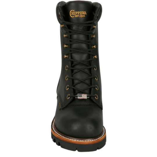 Black lace-up work boot with gold eyelets, a brown welt, and a small American flag lace charm
