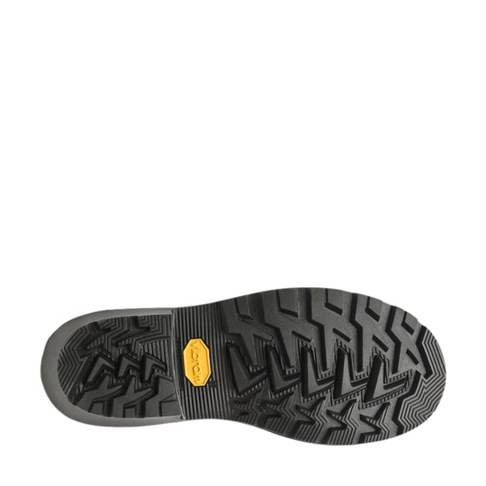 Black lugged boot outsole with deep tread and a yellow Vionic insert