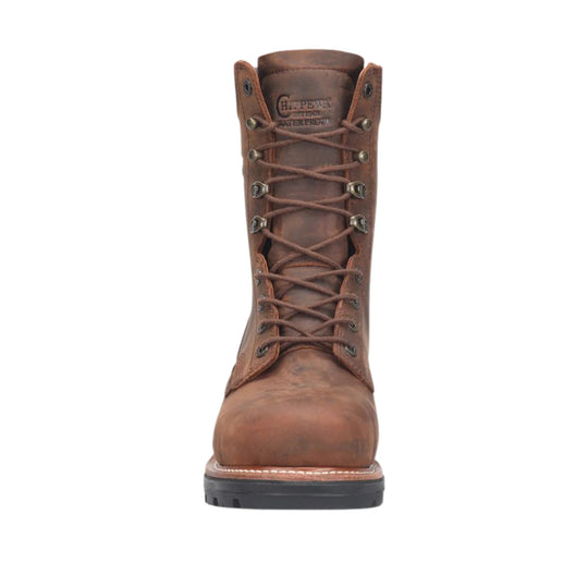 Brown leather lace-up work boot with a waterproof logo on the tongue