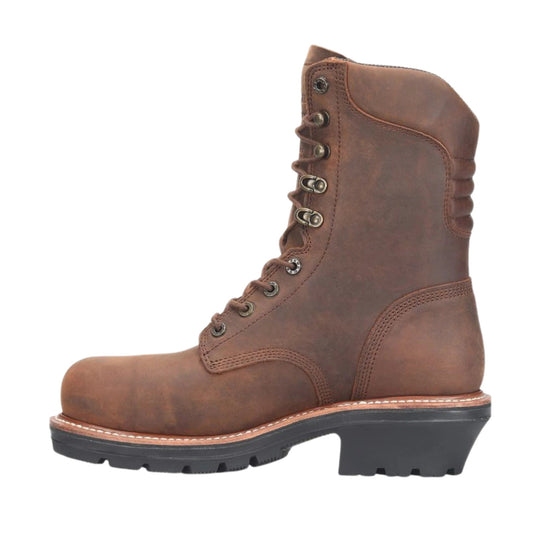 Brown lace-up work boot with a thick black lug sole and low heel