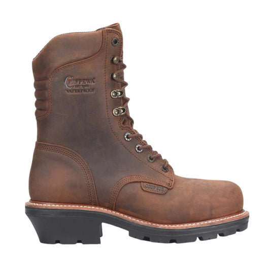 Brown lace-up work boot with a black lug sole and visible side logo