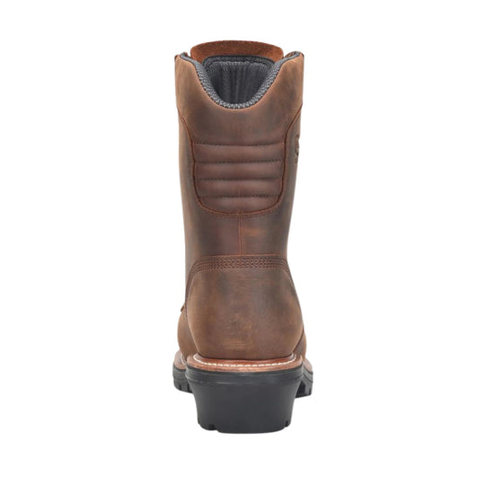 Brown leather logger work boot shown from the back, with a tall shaft and black treaded heel