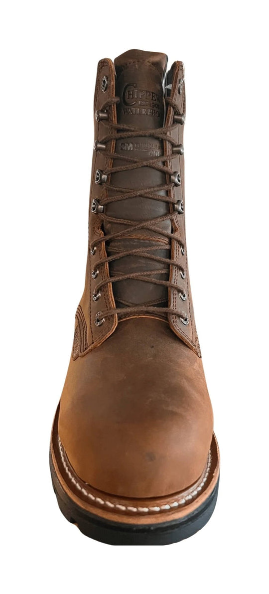 Brown leather lace-up work boot with metal eyelets and black treaded sole, front view