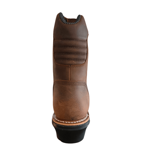 Brown leather work boot shown from the back