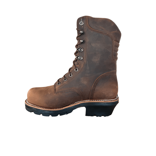 Brown leather lace-up logger work boot with a black lug sole