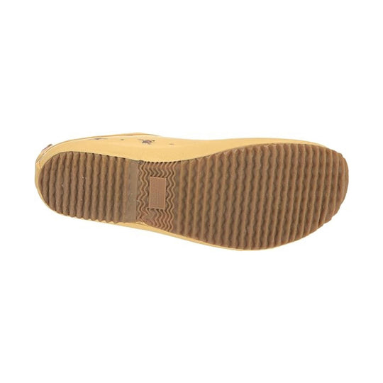 Bottom view of a tan slip-on clog with a ribbed brown outsole