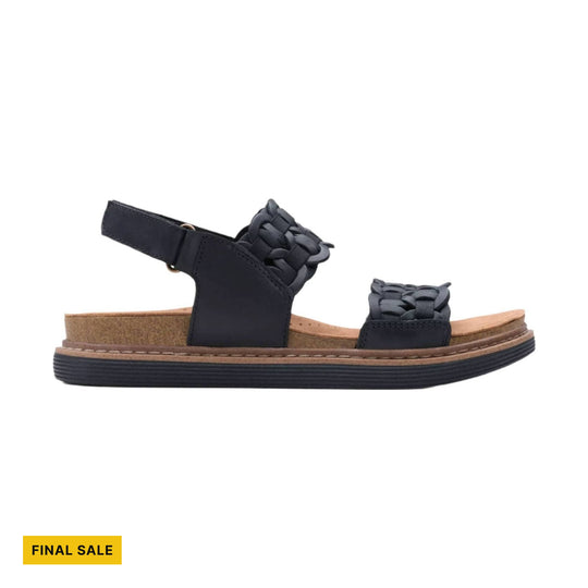 Black strappy sandal with woven front strap, ankle strap, and cork-look footbed; FINAL SALE
